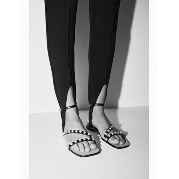 Zara Pearl Embellished Strappy Leather Flat Sandals Ankle Wrap - Picture 1 of 10